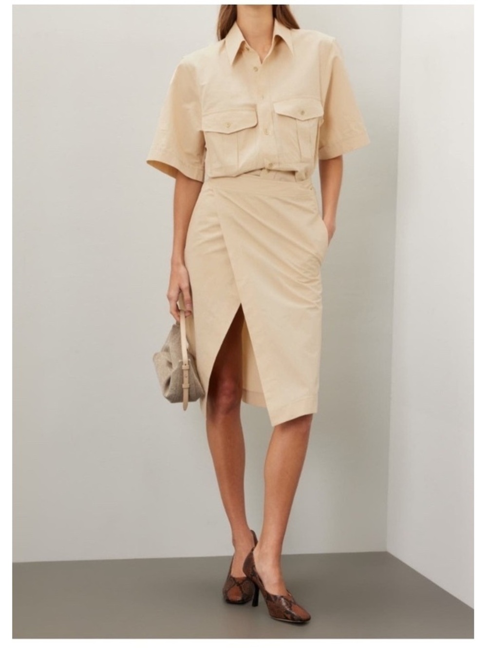 Petar Petrov safari khaki designer silk luxury Shirt Dress Front Slit 38 or 6
